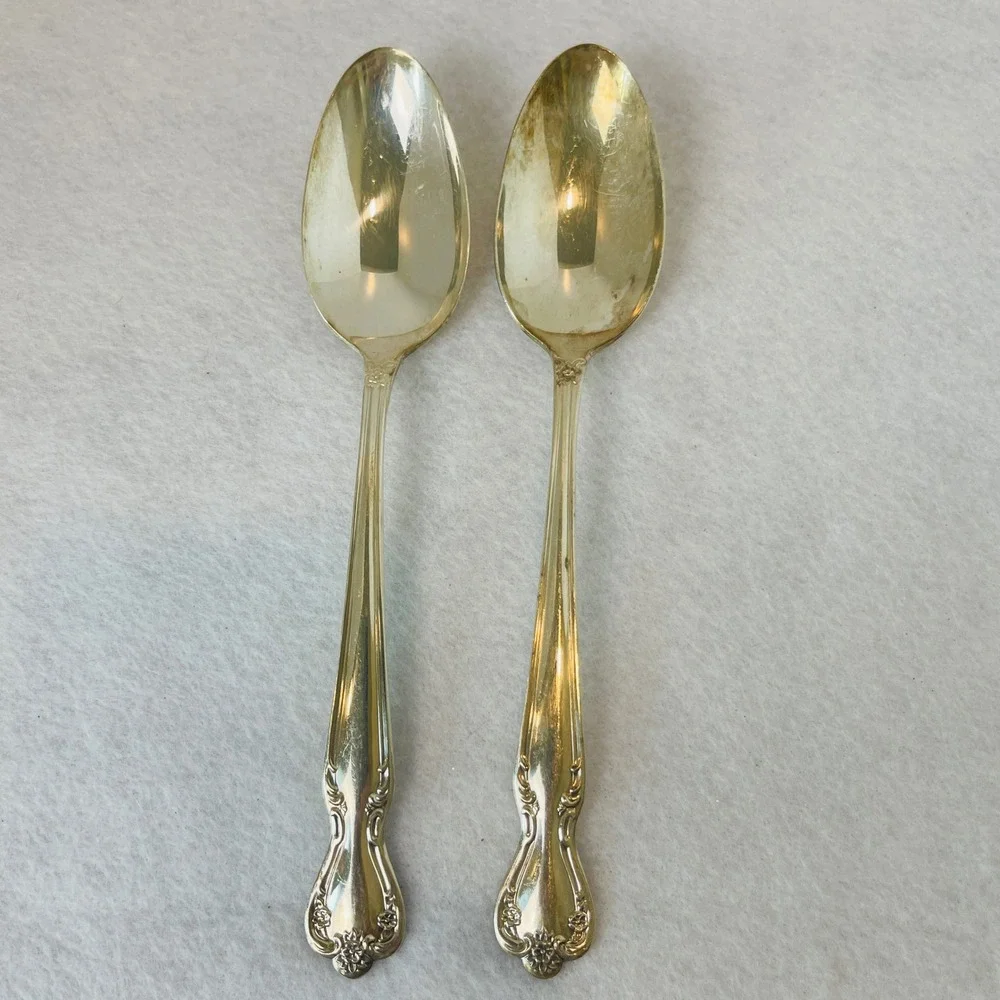 Vintage Rogers & Bro Silver Plate Serving Spoons Flowers  Set of 2 Floral 7.25in
